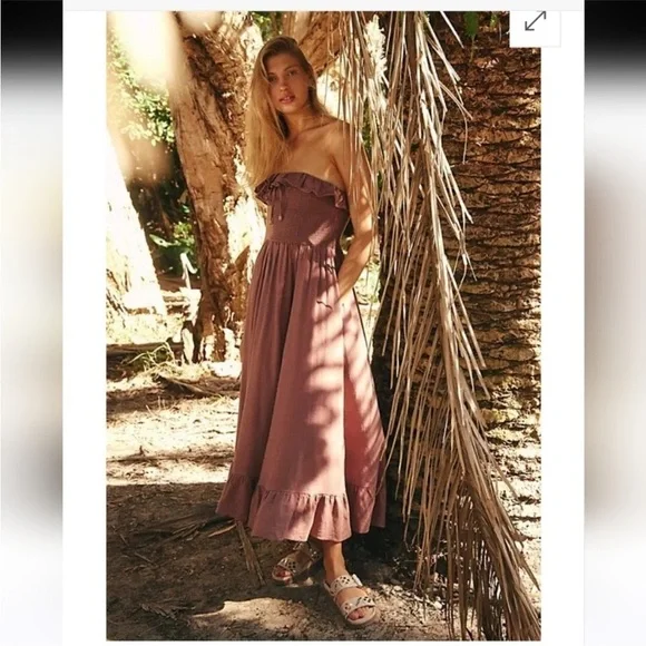 FREE PEOPLE Lush Life Linen Strapless Midi Dress - Antique Oak size xs - Picture 1 of 7